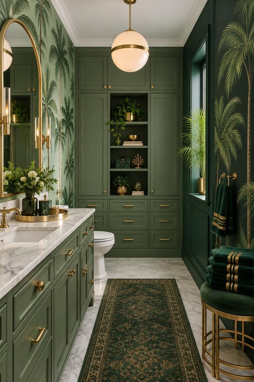 Stylish bathroom with green cabinetry, palm wallpaper, and gold accents.