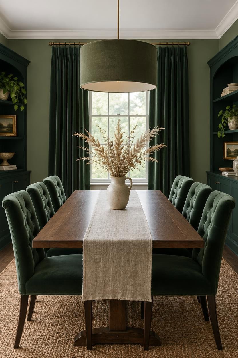 Stylish dining room with green curtains, chairs, and a large pendant light.