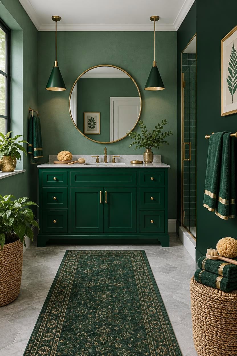 Stylish green bathroom with gold fixtures, mirror, and lush decor.