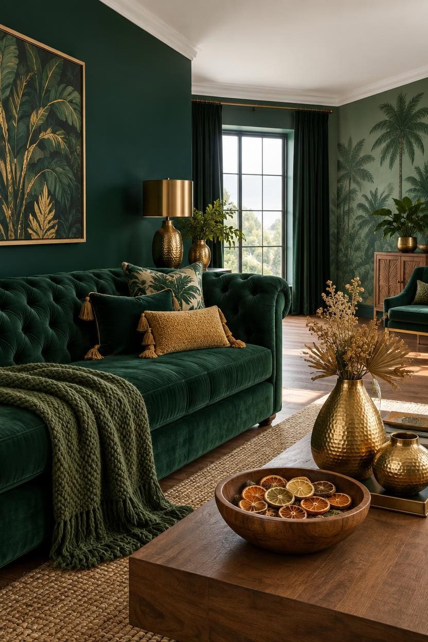emerald velvet brass warmth