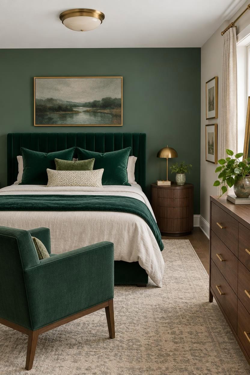Stylish bedroom with green walls, velvet bed, and modern decor.
