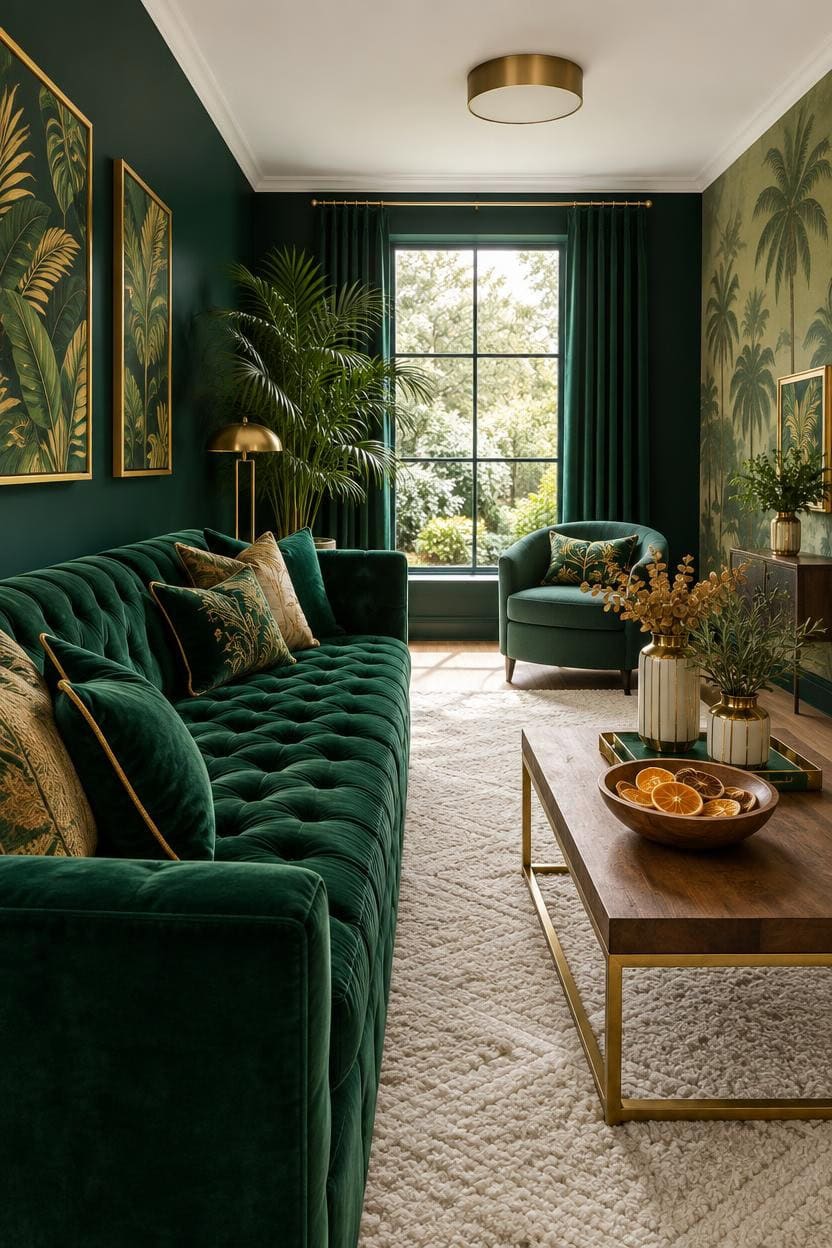 emerald velvet sofa centerpiece