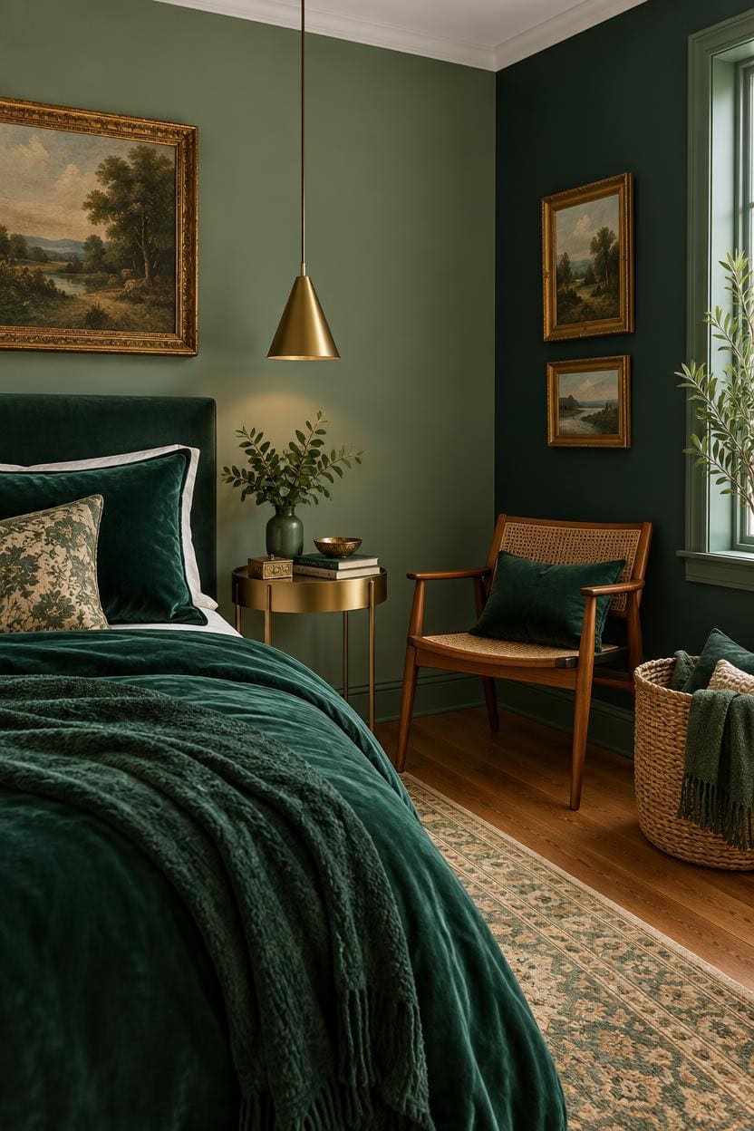 Cozy bedroom with green walls, velvet bedding, and classic artwork.