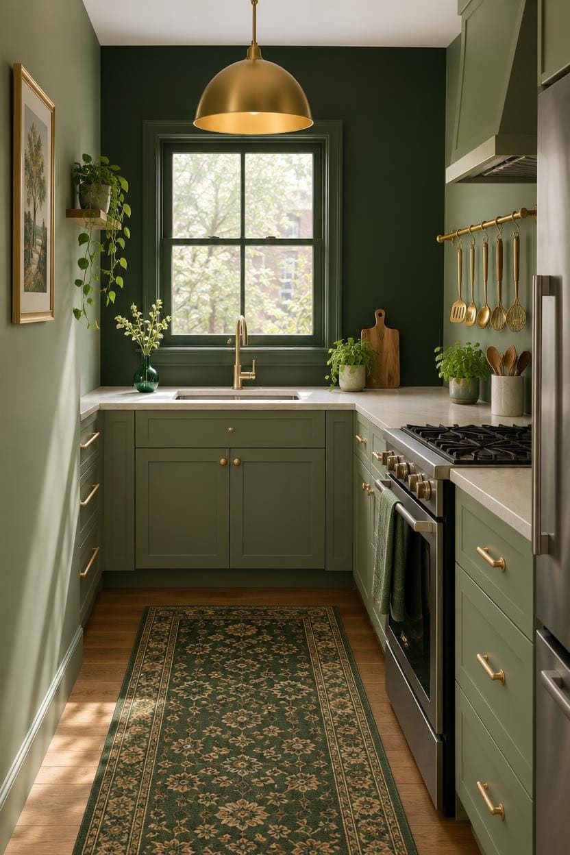 Stylish green kitchen with gold fixtures, window view, and organized decor.