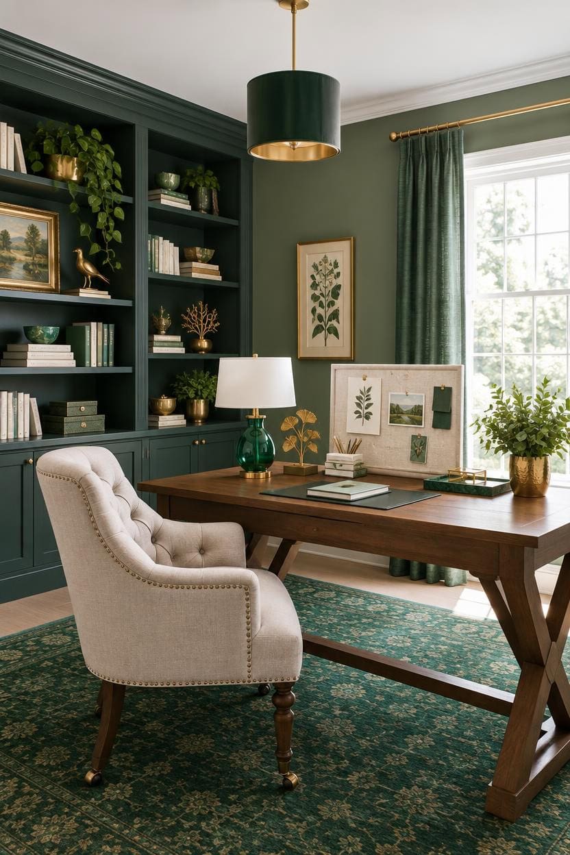 Stylish home office with green walls, bookshelves, and natural light.