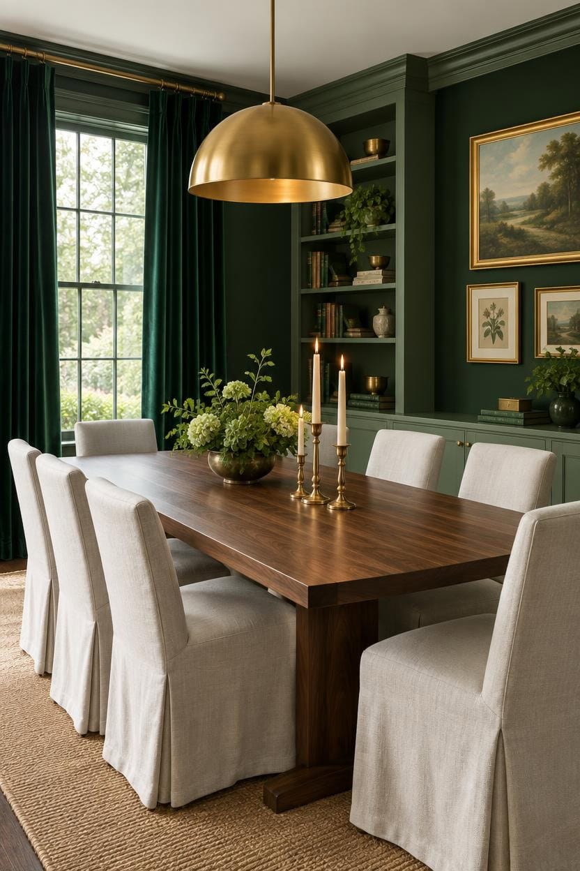 Stylish dining room with dark green walls, large window, and modern decor.