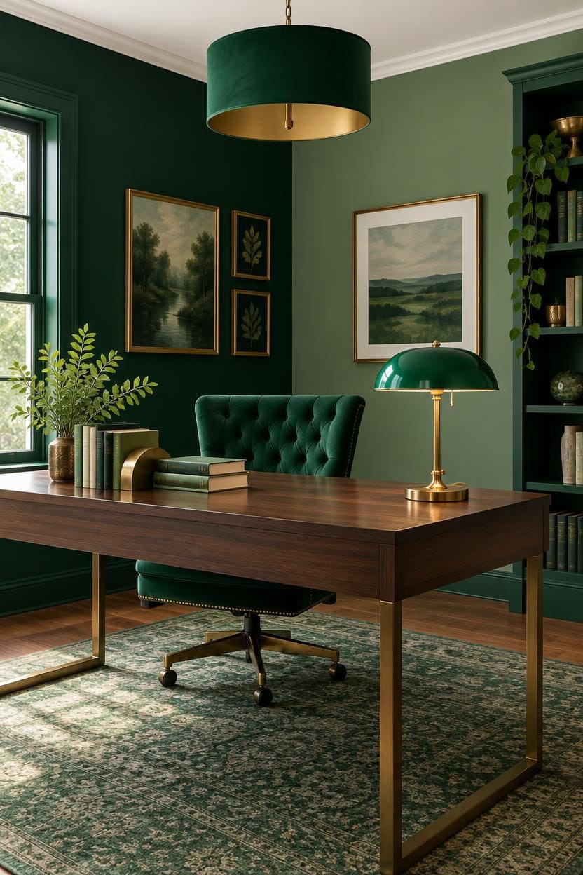 Stylish green home office with desk, chair, and artwork.