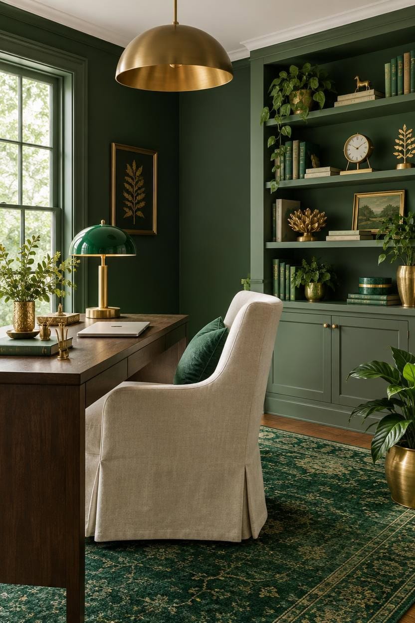 Stylish home office with green walls, bookshelves, and natural light.