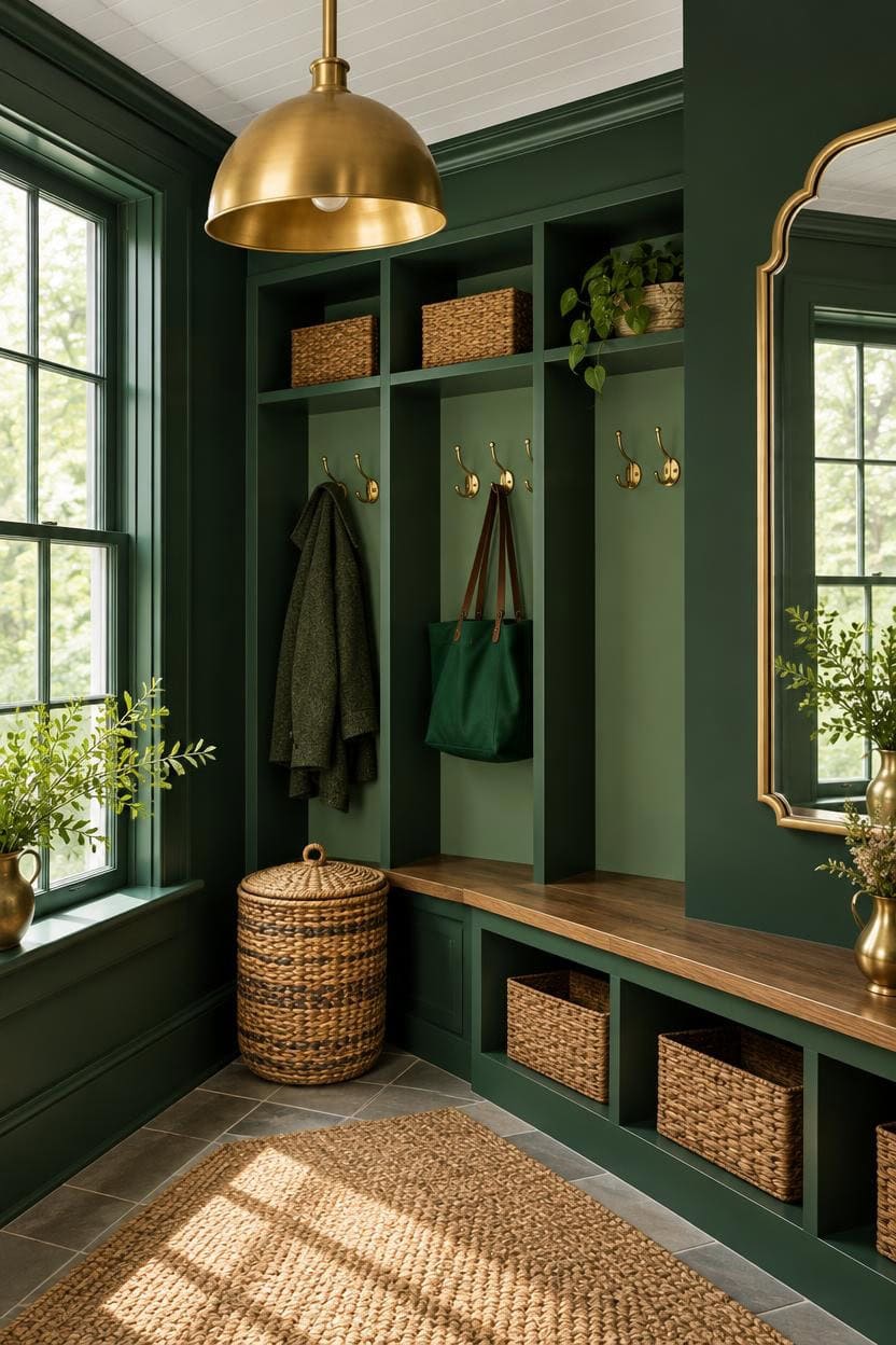 Stylish green mudroom with hooks, baskets, and a large mirror.
