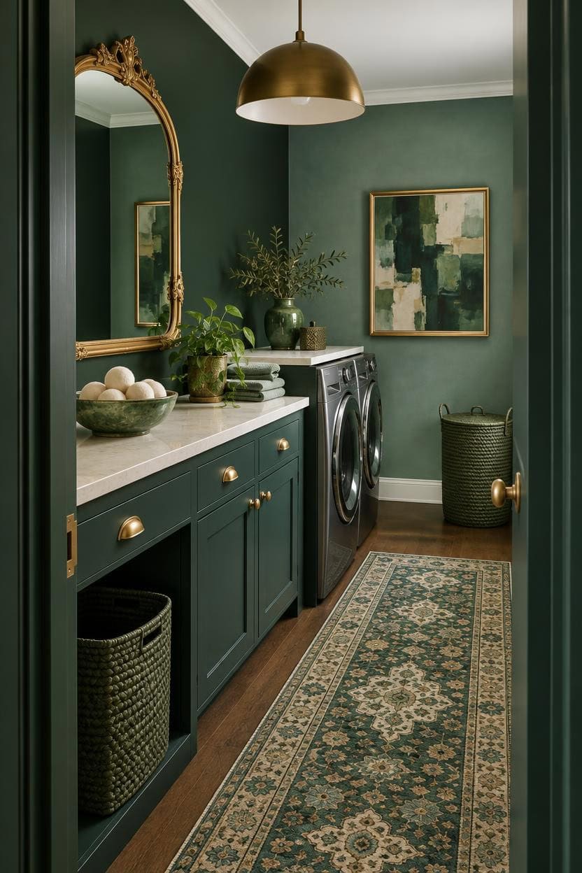 Chic laundry room with green walls, gold accents, and modern decor.