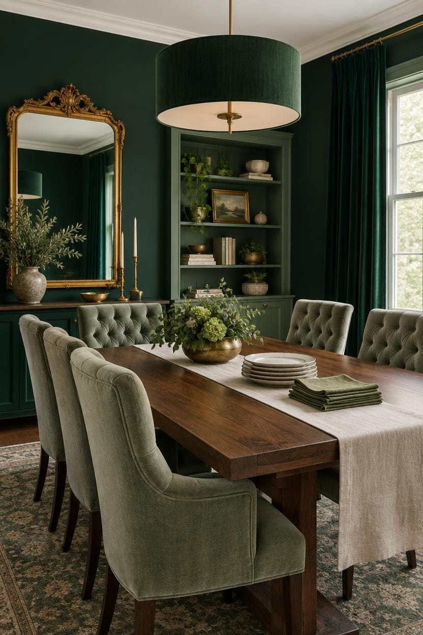 Stylish dining room with green walls, velvet chairs, and gold accents.