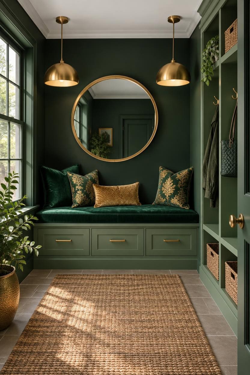 Stylish green mudroom with gold pendant lights and a round mirror.