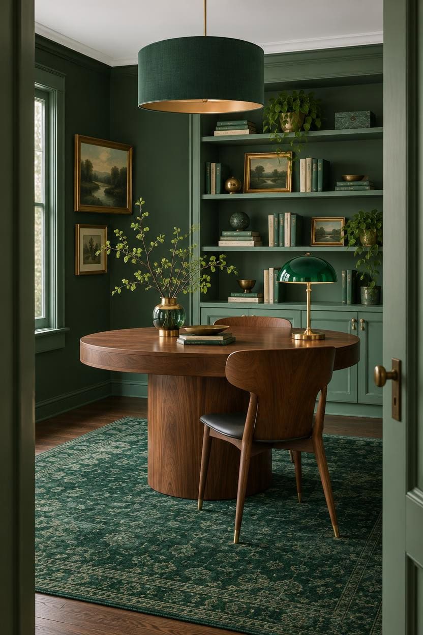 Stylish green home office with wooden desk, bookshelf, and green accents.