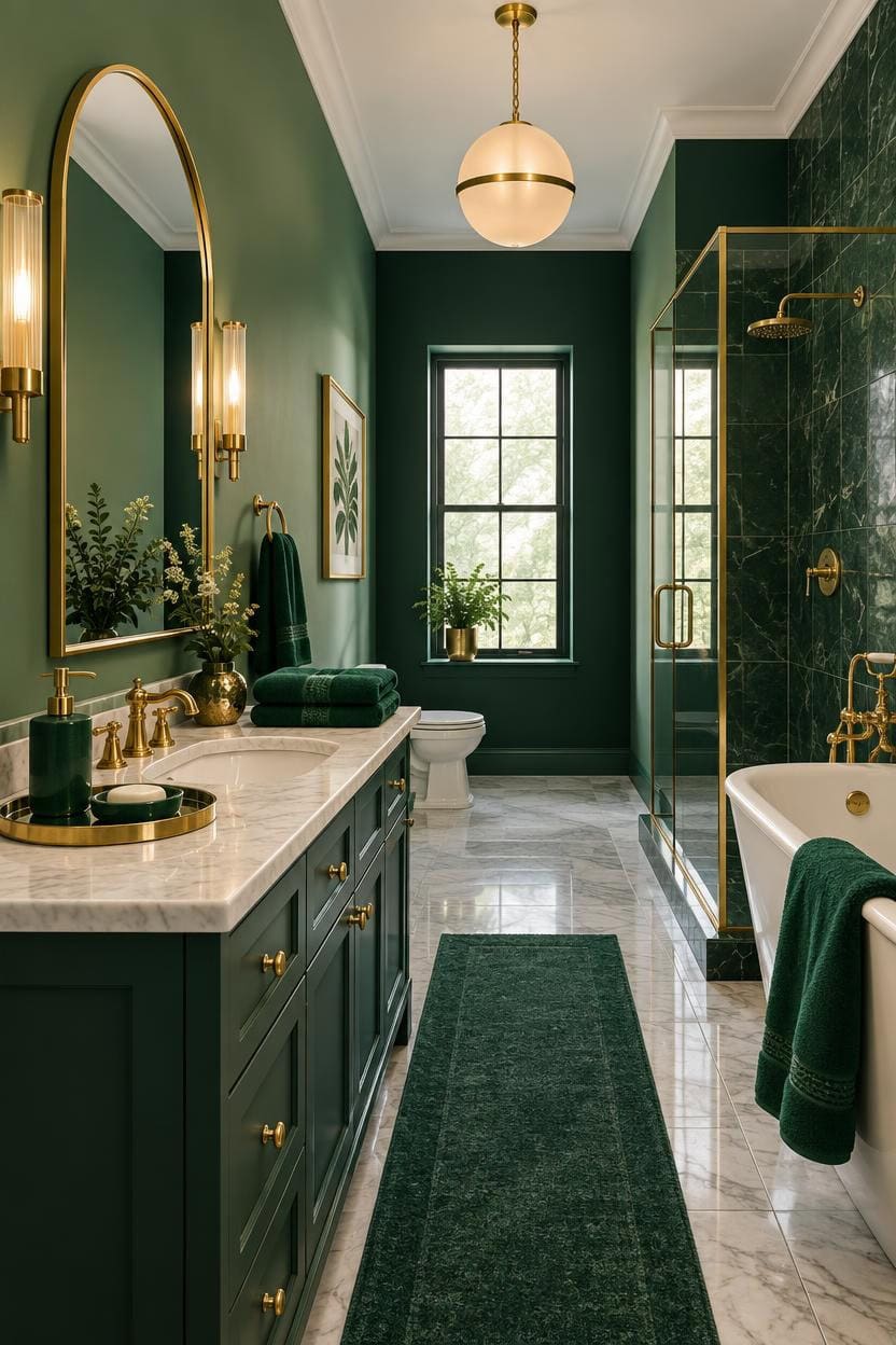 Luxurious green bathroom with gold fixtures, bathtub, and marble countertop.
