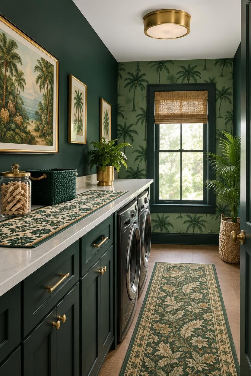 Chic laundry room with dark green walls, botanical wallpaper, and gold accents.