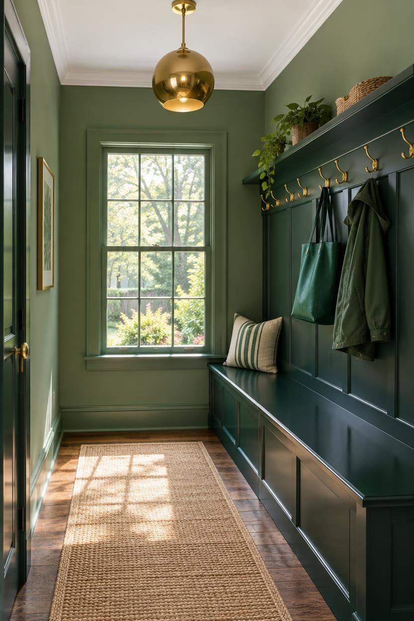Stylish green entryway with hooks, bench, and window at Apartment ABC.