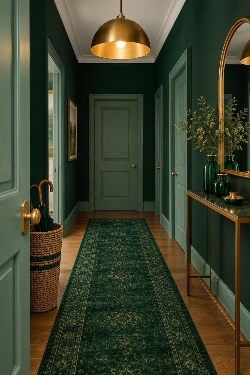 Stylish green hallway with gold lighting and decor, perfect for apartment entryway.
