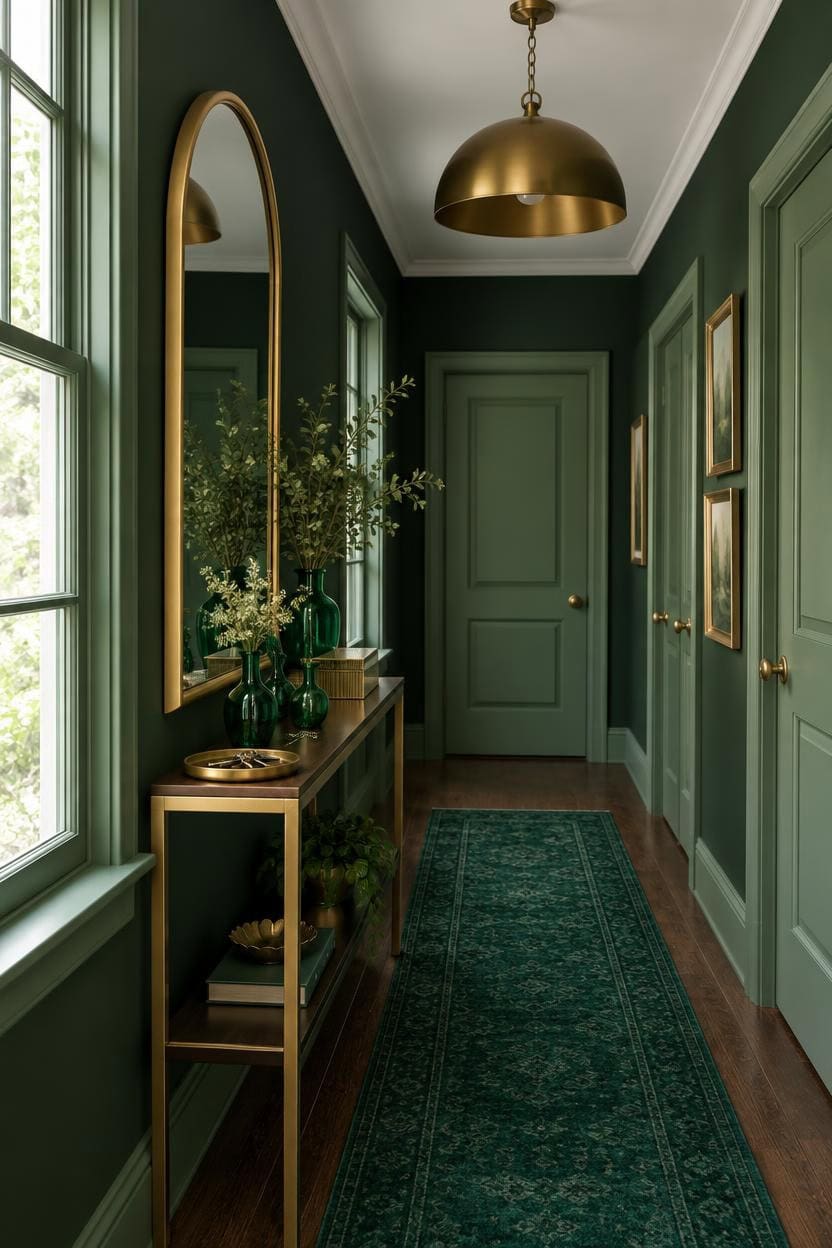Stylish green hallway with gold light fixture and decorative mirror.