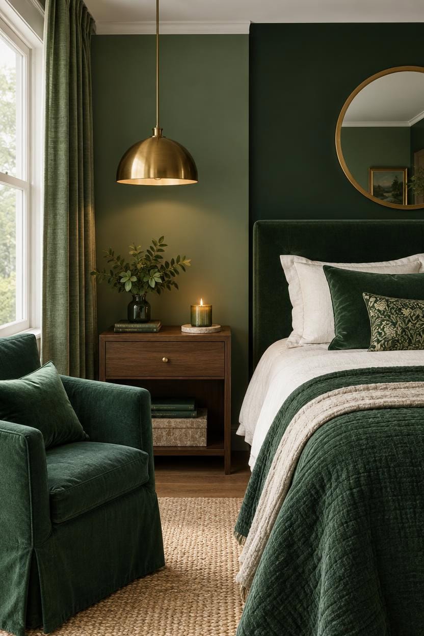 Cozy bedroom with green walls, velvet armchair, and modern decor.