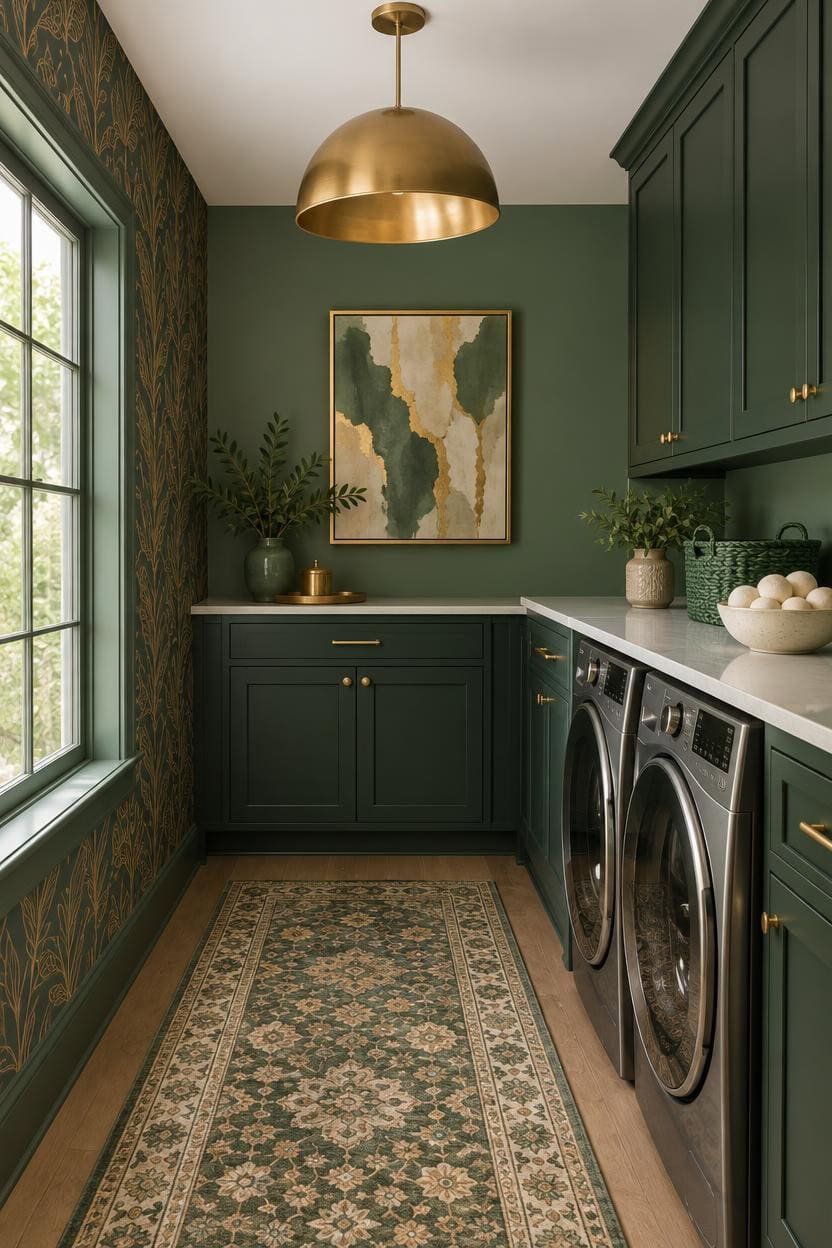 Modern laundry room with green cabinets, gold pendant light, and front-loading washer and dryer.