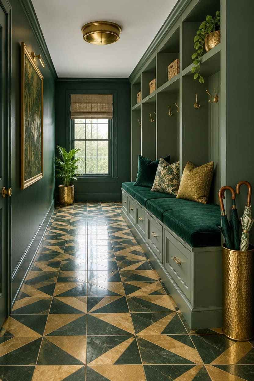 Stylish green entryway with built-in bench, cushions, and decorative accents.