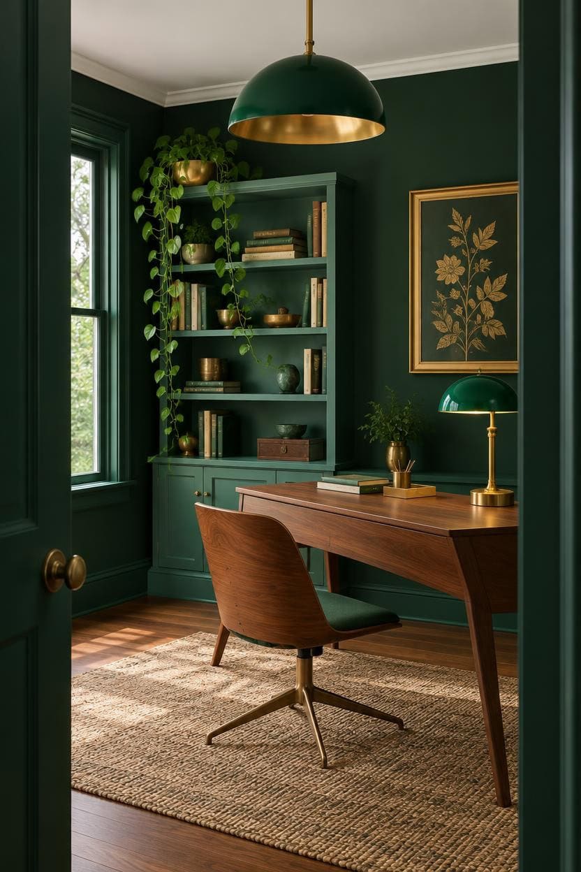 Stylish home office with dark green walls, wooden desk, and gold decor accents.