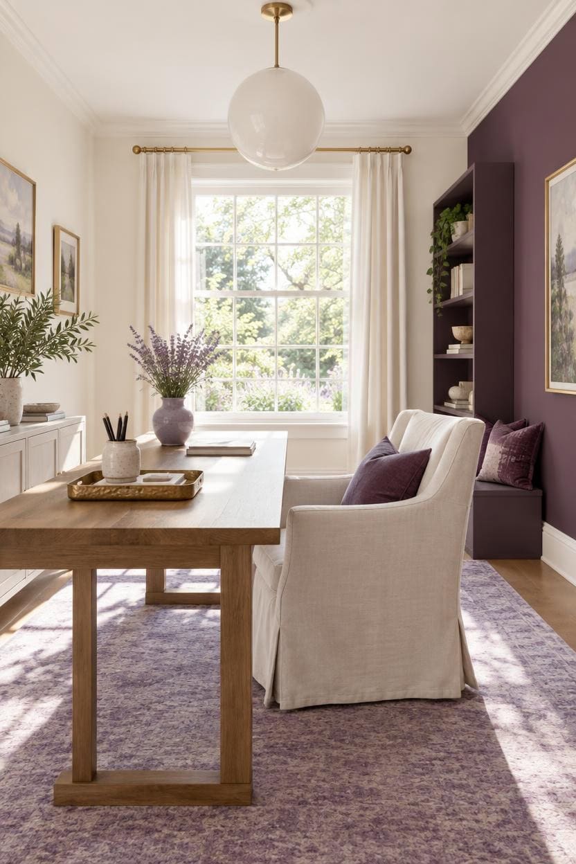 Bright dining room with large window, white curtains, and purple accent wall.