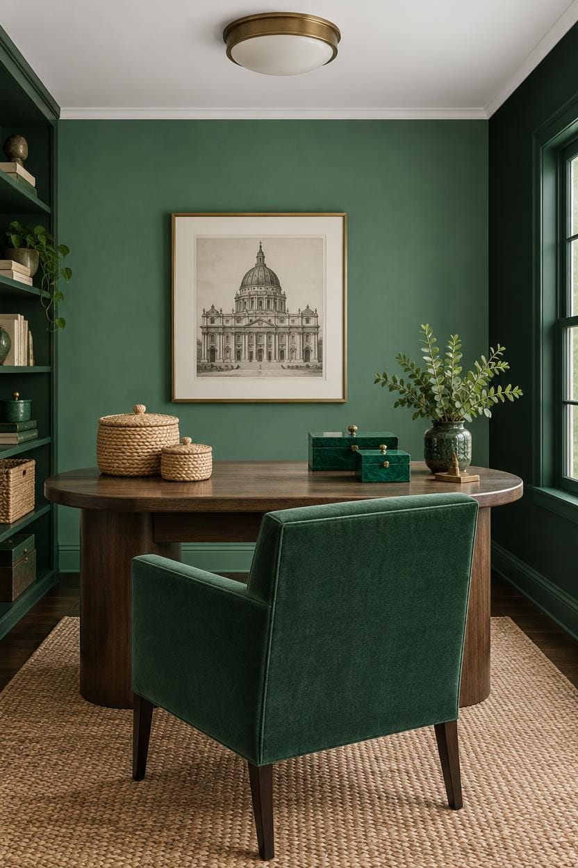 Stylish home office with green walls, artwork, and a wooden desk.