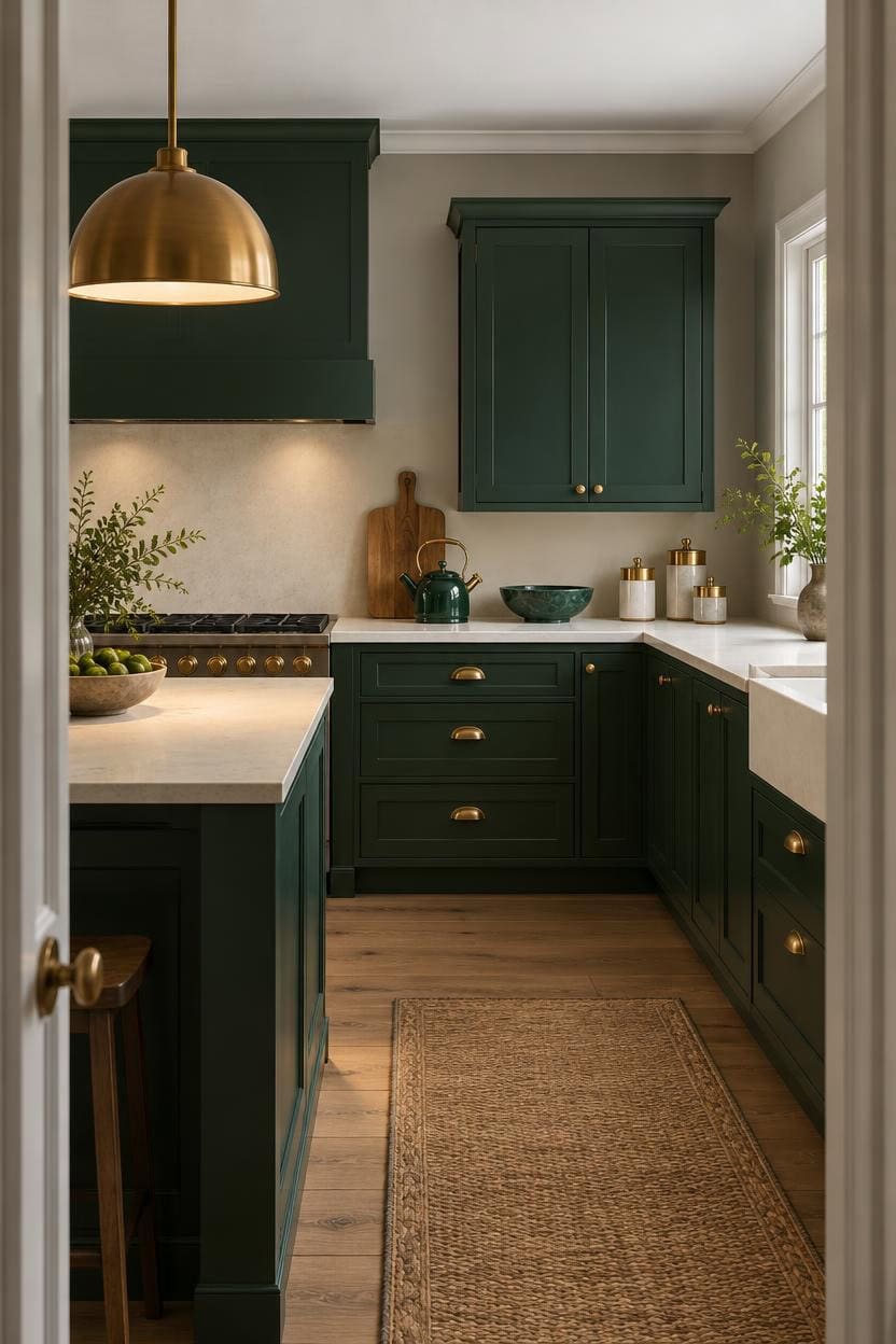 Elegant green kitchen with gold hardware and natural light.