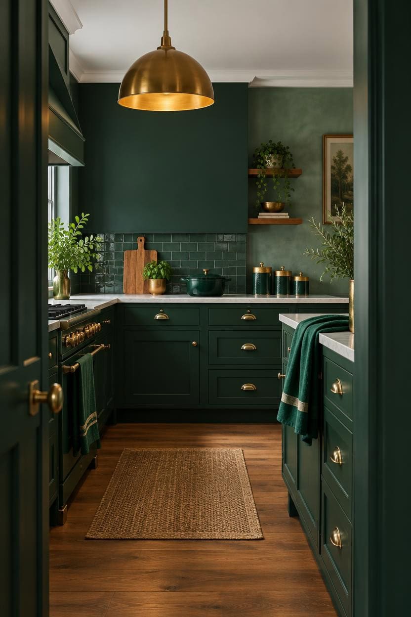 Stylish green kitchen with gold accents and modern decor at Apartment ABC.