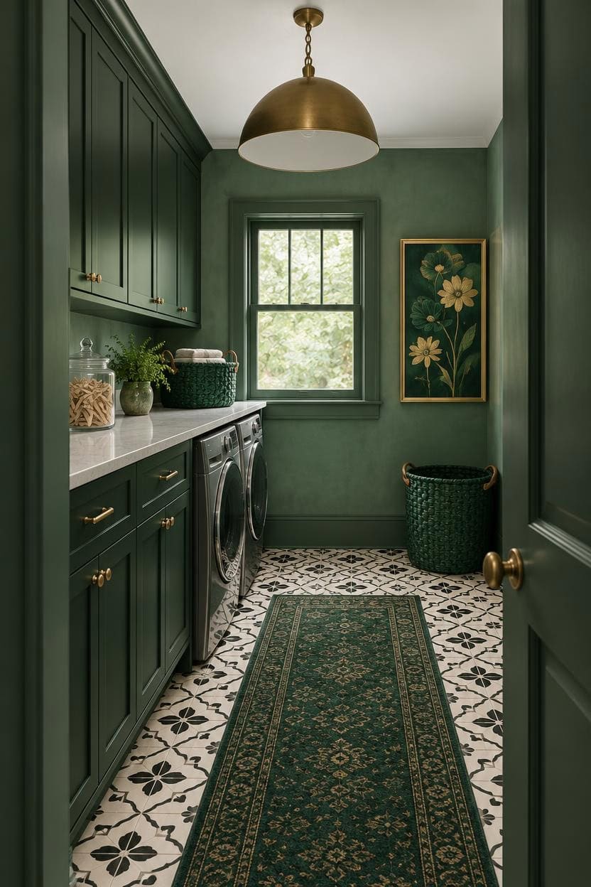 Stylish laundry room with green cabinets, patterned floor, and gold accents.