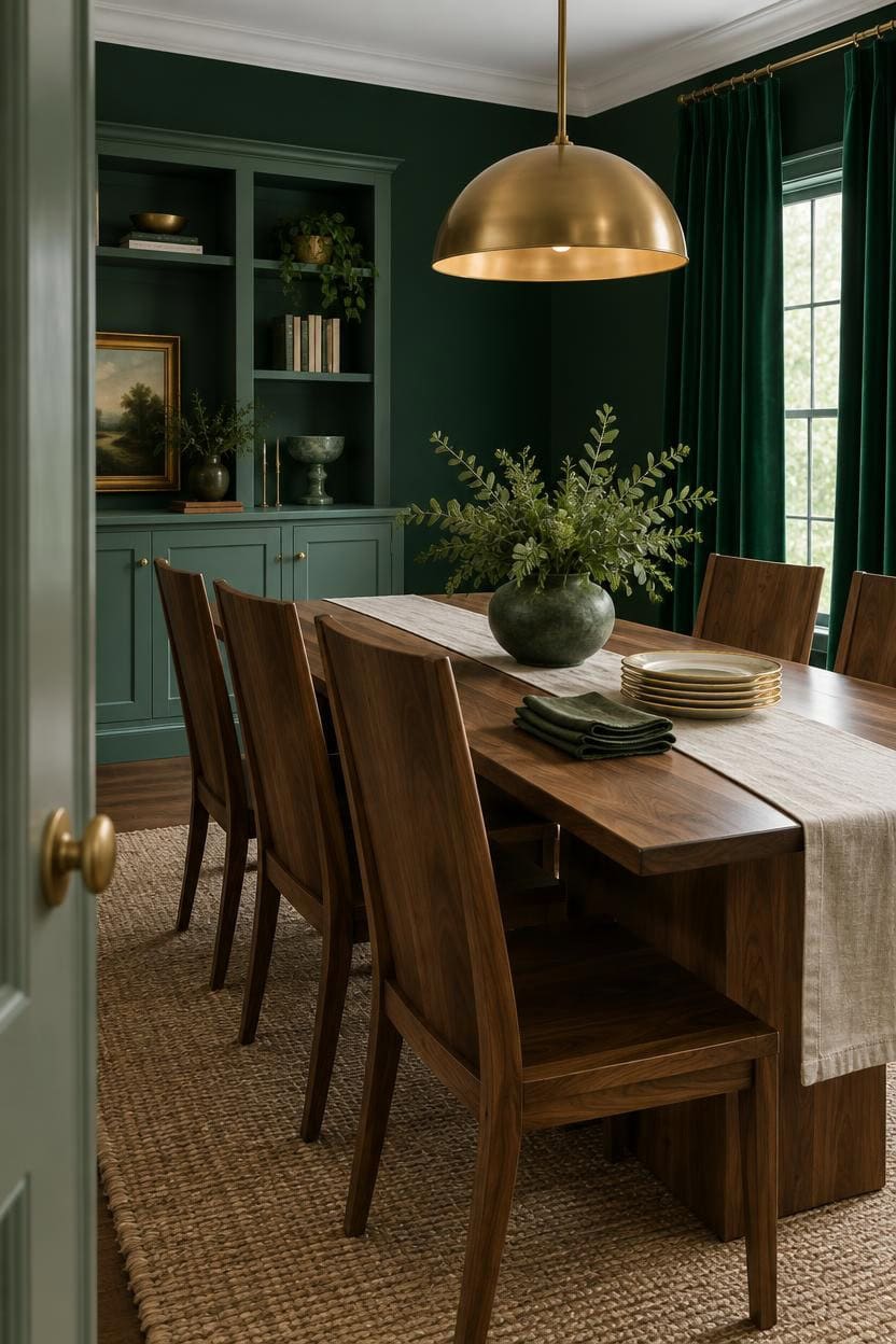 Stylish dining room with dark green walls, wooden table, and gold pendant light.