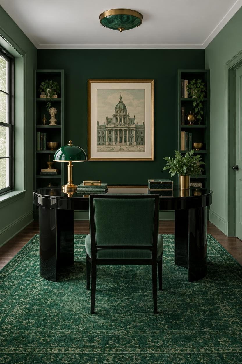Stylish home office with green walls, black desk, and gold accents.