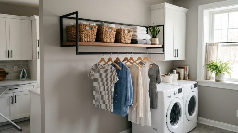 Bright laundry room with washer, dryer, and organized shelving.
