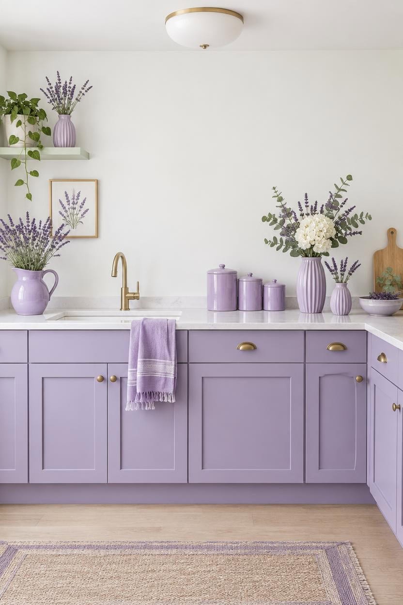 Lavender-themed kitchen with purple cabinets, vases, and flowers.