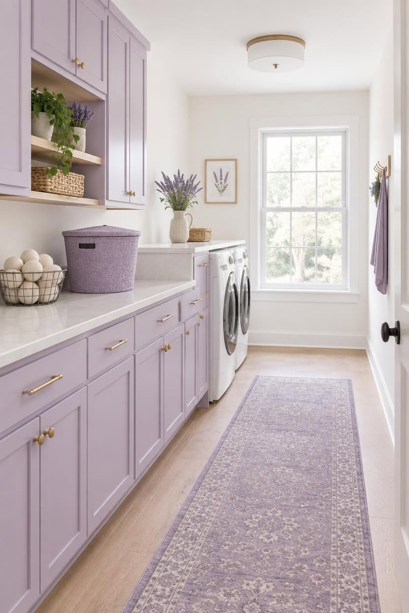 Bright laundry room with lavender cabinets, white countertops, and a large window for natural light.