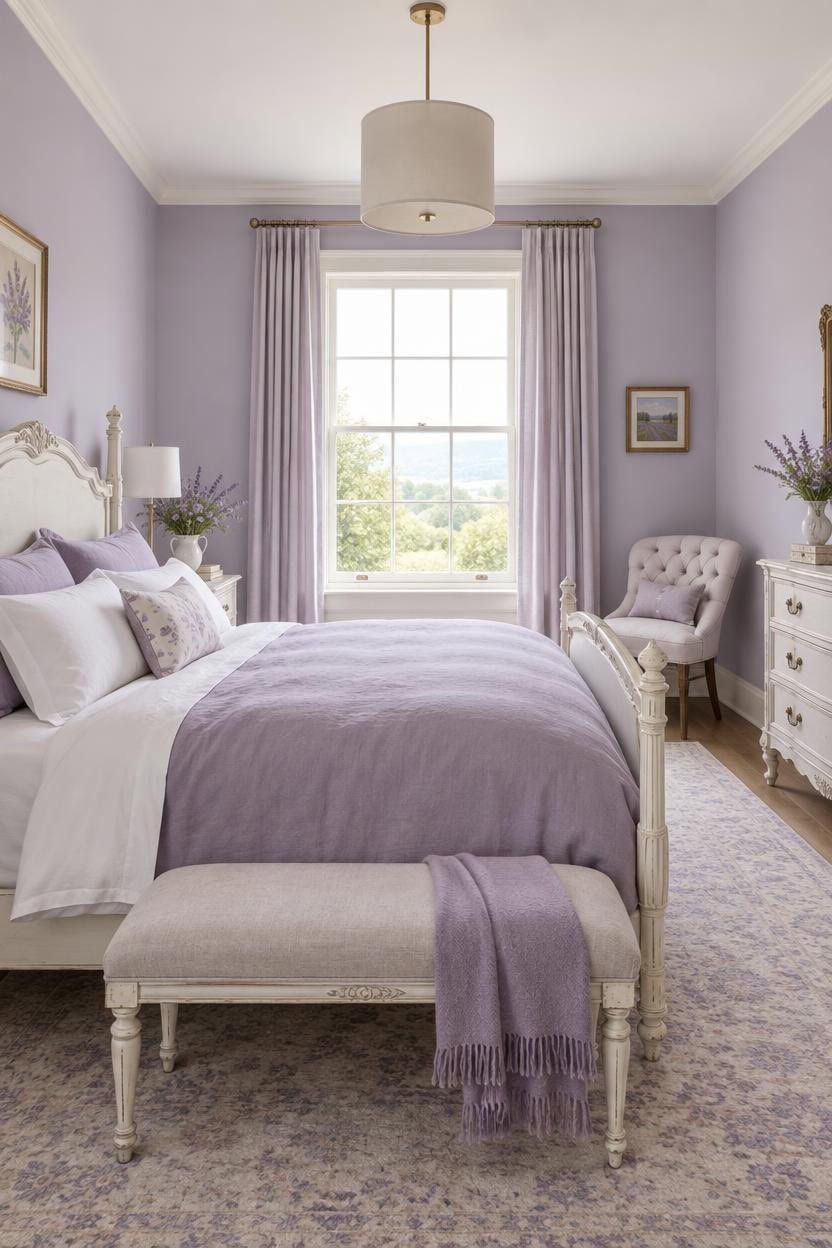 Cozy bedroom with lavender walls, white furniture, and large window with curtains.