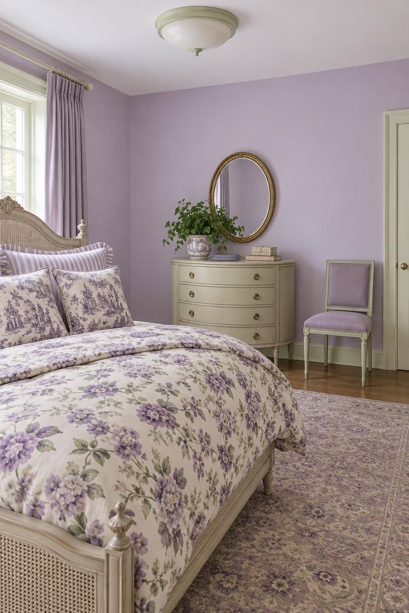 Lavender-themed bedroom with floral bedding, dresser, and mirror.