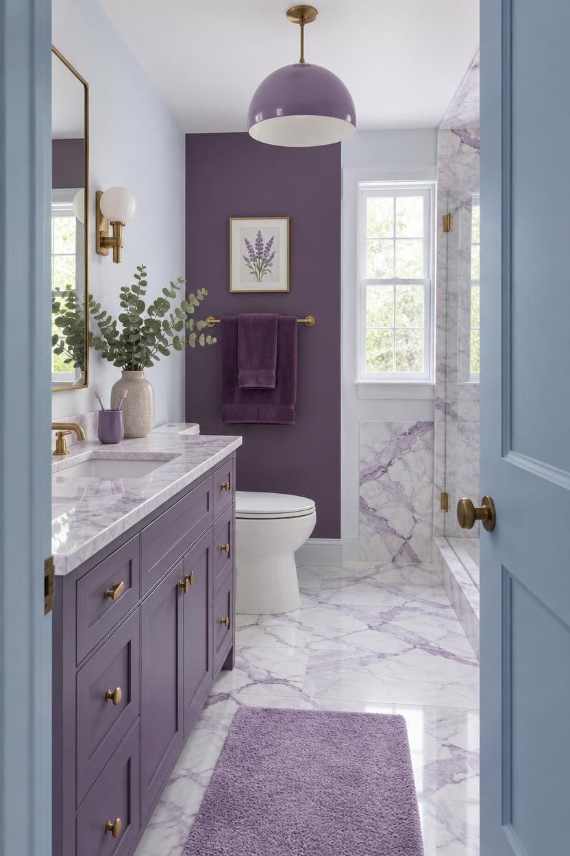Stylish purple bathroom with marble countertops and decor accents.