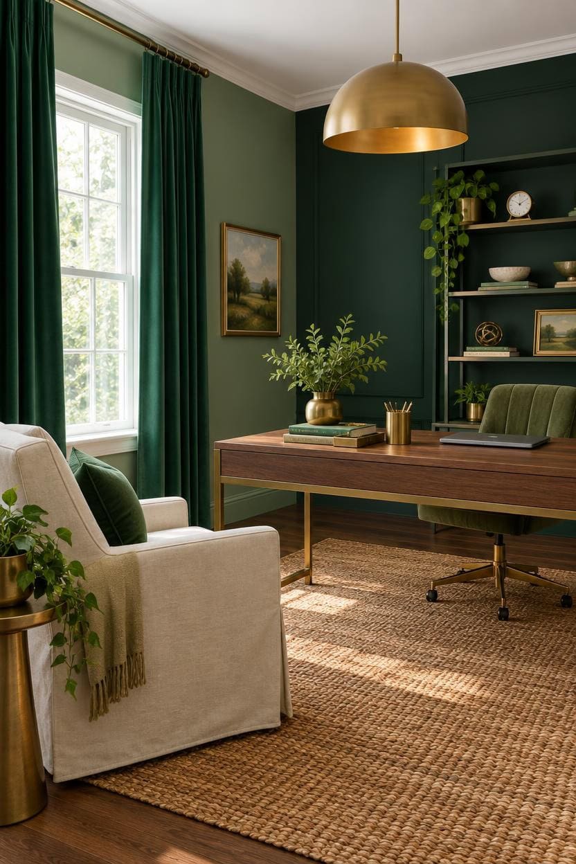 Stylish home office with dark green walls, wooden desk, and gold accents.