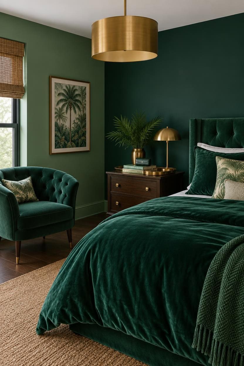 Elegant bedroom with green velvet bed and matching armchair, gold accents, and tropical decor.
