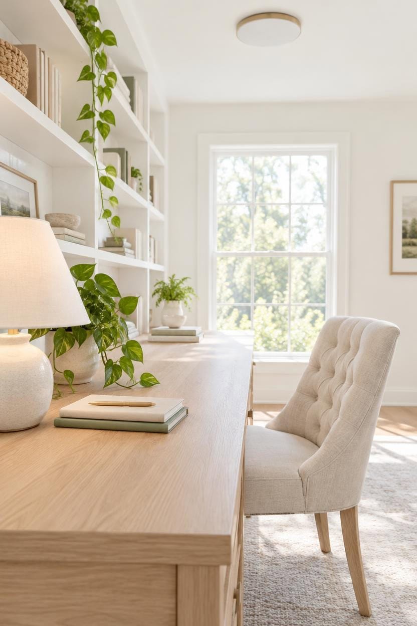 light filled minimalist wood workspace