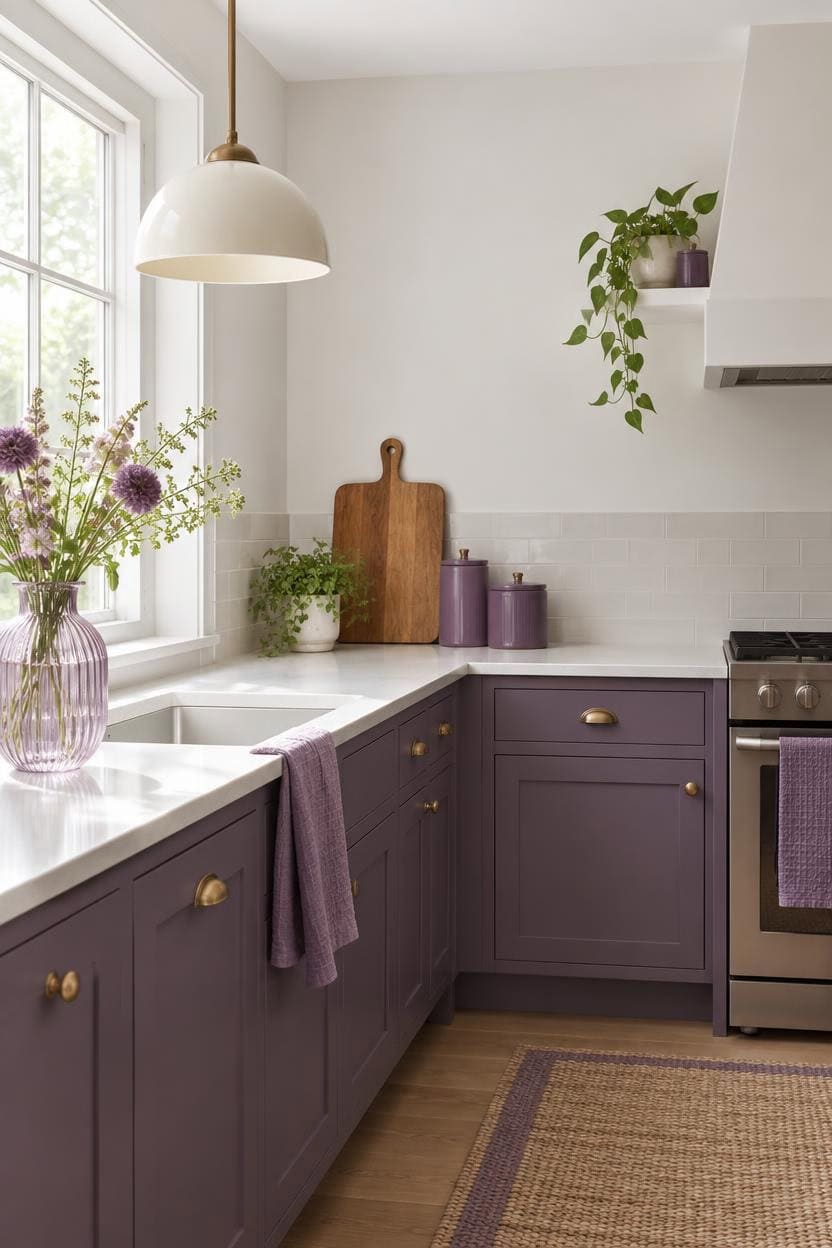 Bright kitchen with purple cabinets, white walls, and natural light from window.