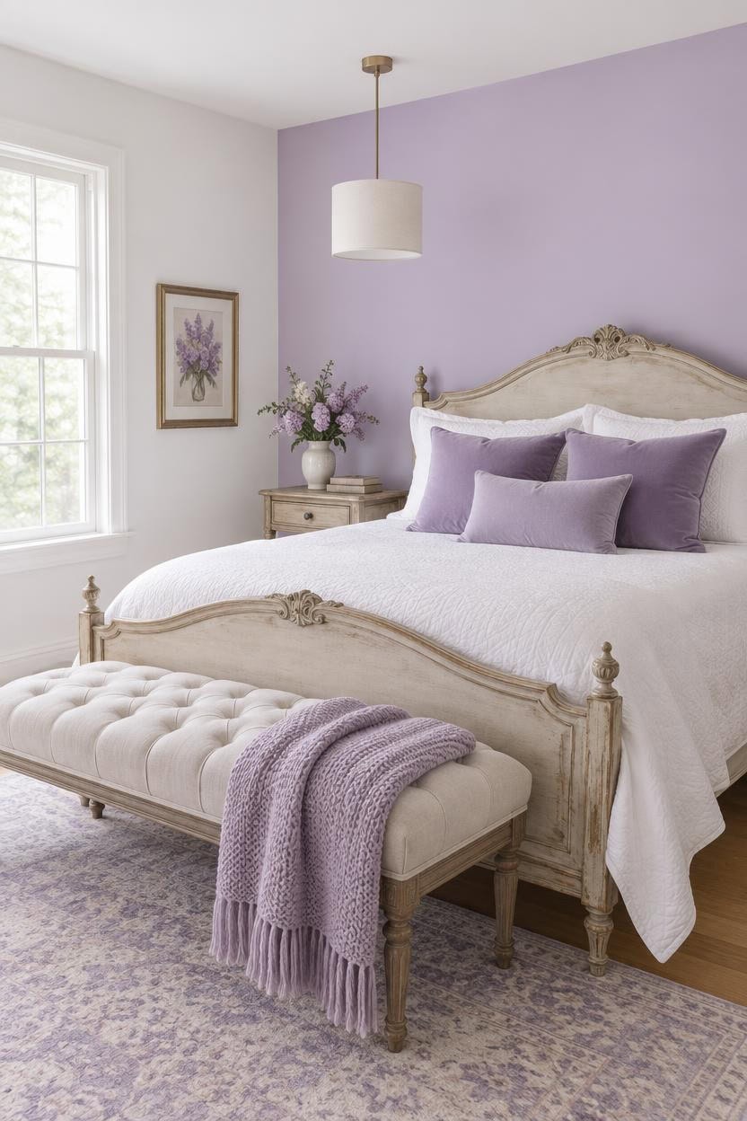 Beautiful bedroom with lavender wall, vintage bed, and matching pillows.