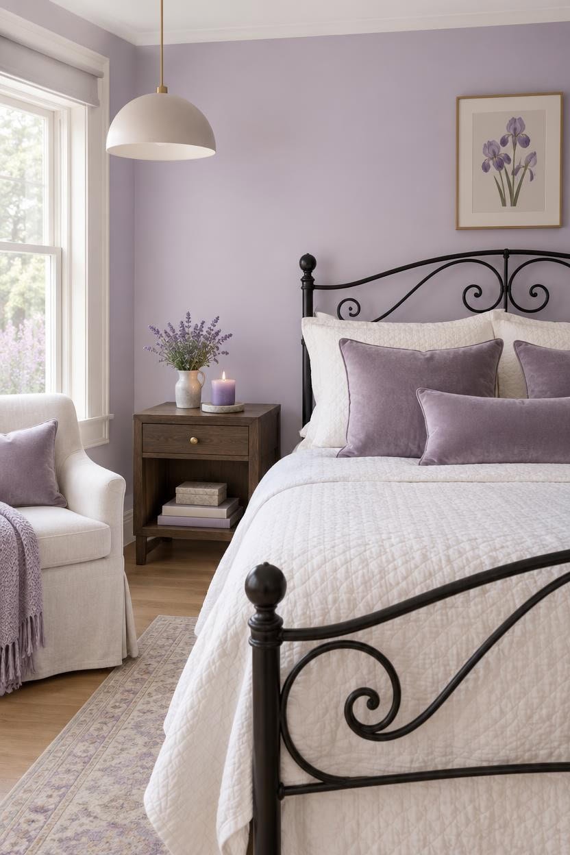 Cozy bedroom with lavender accents, black metal bed frame, and natural light.