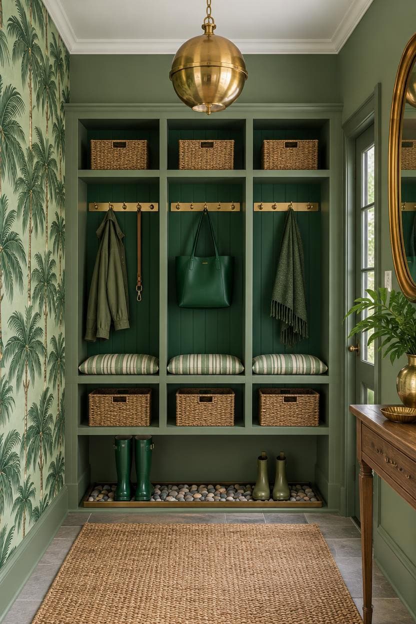Green mudroom with hooks, baskets, and boots for organized entryway.