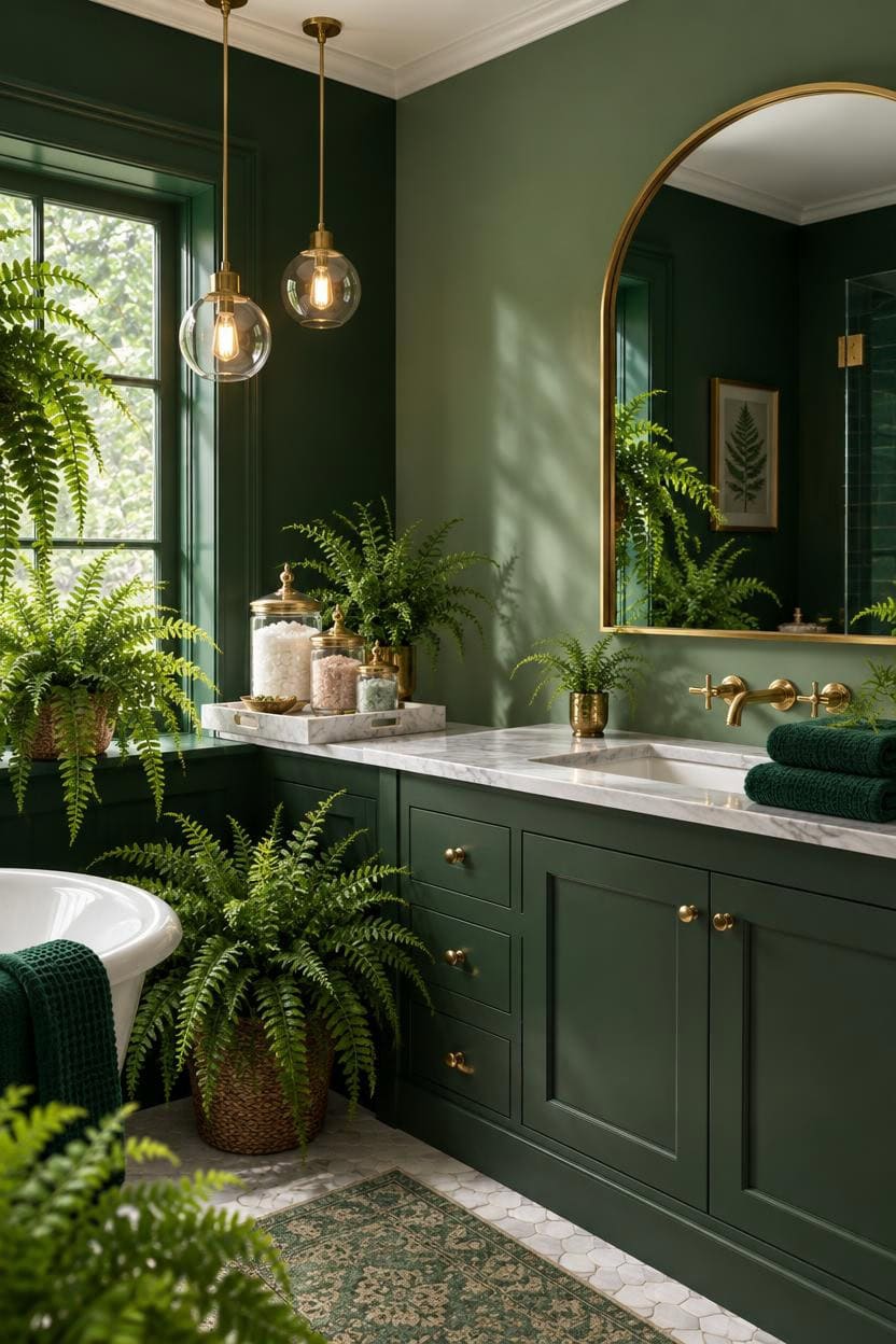 Stylish green bathroom with plants, gold fixtures, and a large mirror.