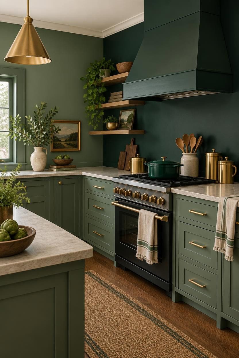 Stylish green kitchen with gold fixtures, open shelving, and a marble countertop.