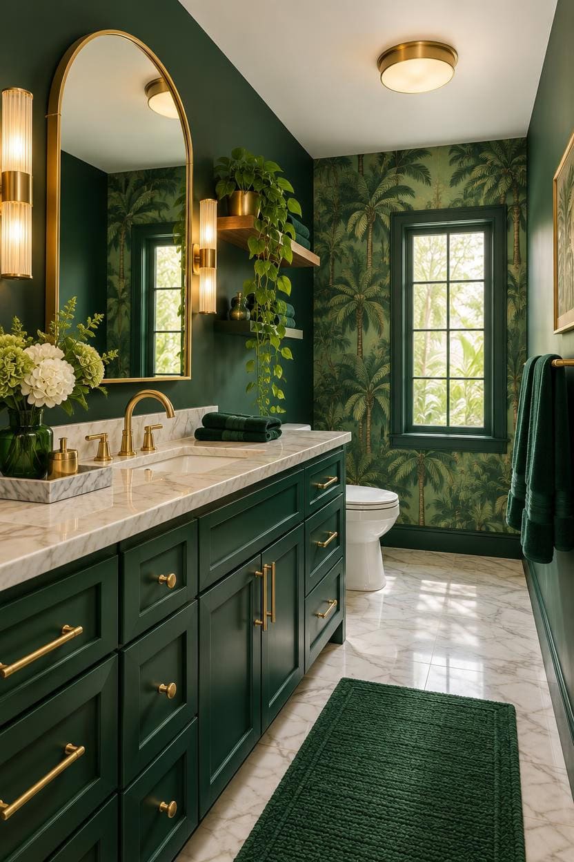 Stylish bathroom with green walls, gold fixtures, and tropical wallpaper.