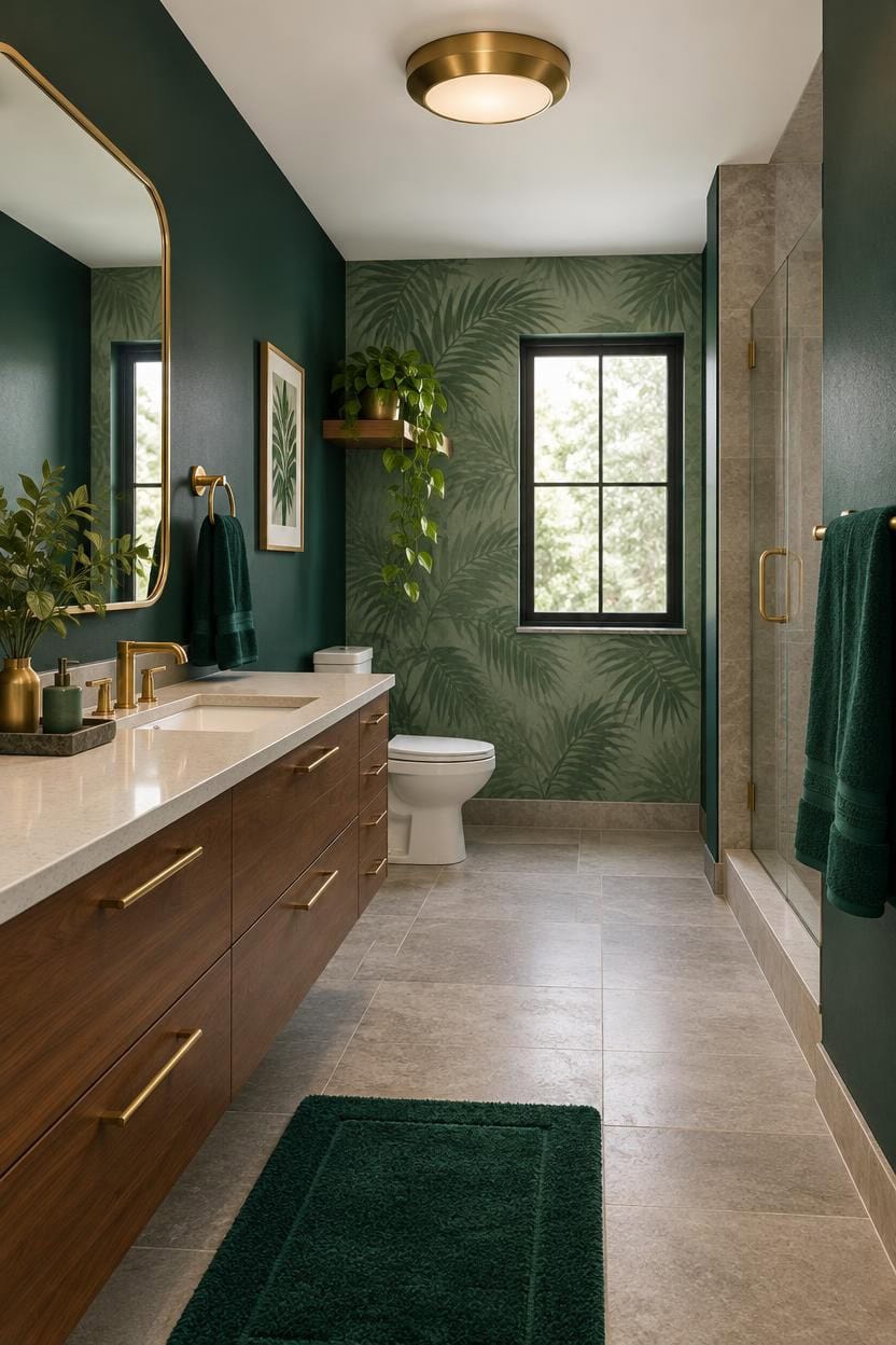 Stylish bathroom with green walls, wooden vanity, and large mirror.